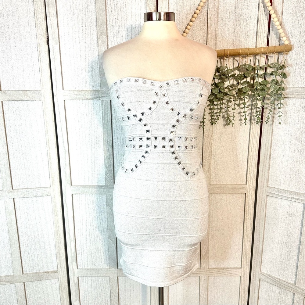 Arden B Party Dress Silver Metallic Rhinestone Dress Sz Large Strapless Bodycon